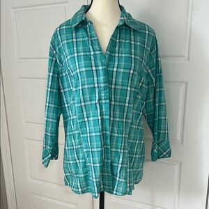 Riders by Lee Easy Care Plaid Button Down Shirt w/ Hidden Buttons 3/4 Sleeves